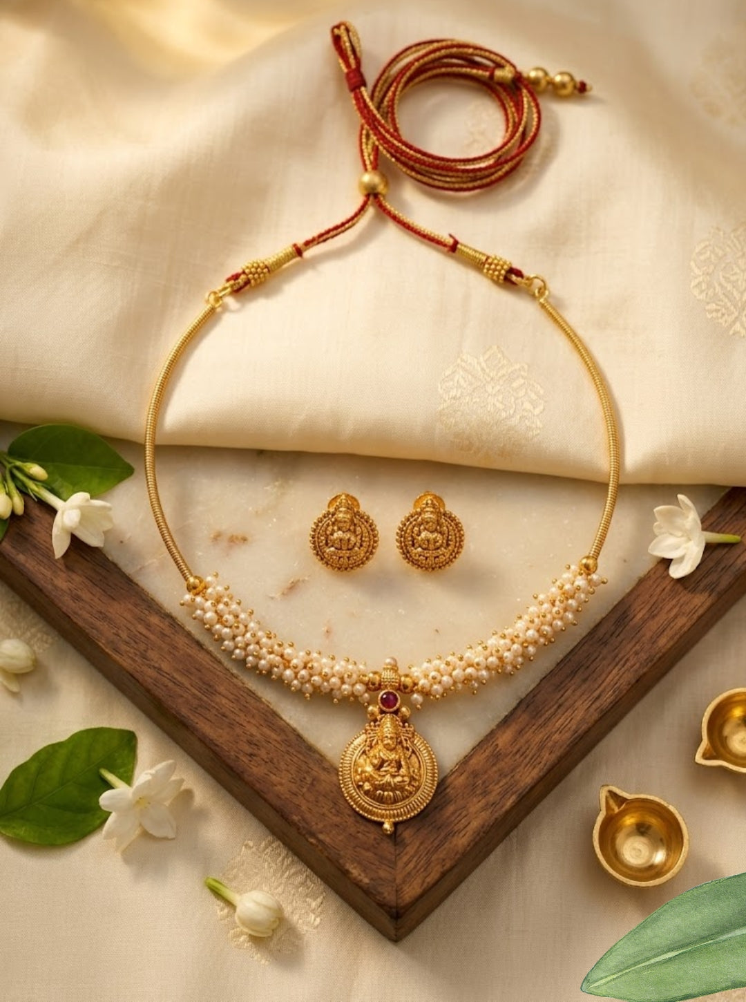 Traditional pearl choker necklace with a gold Lakshmi deity pendant and ruby accent.
