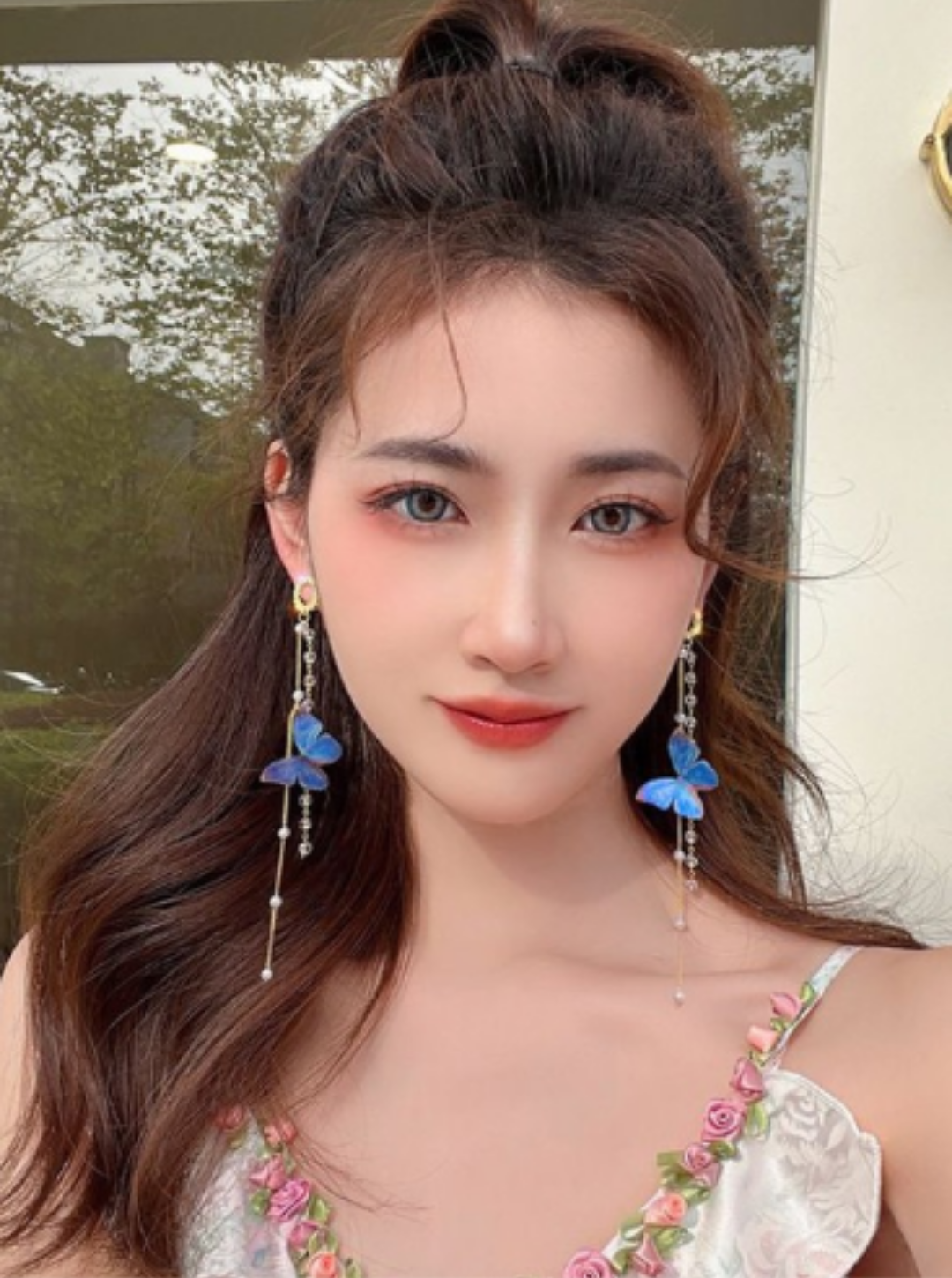 Blue butterfly earrings with dual hanging pearl and crystal strands – Ladybreeze