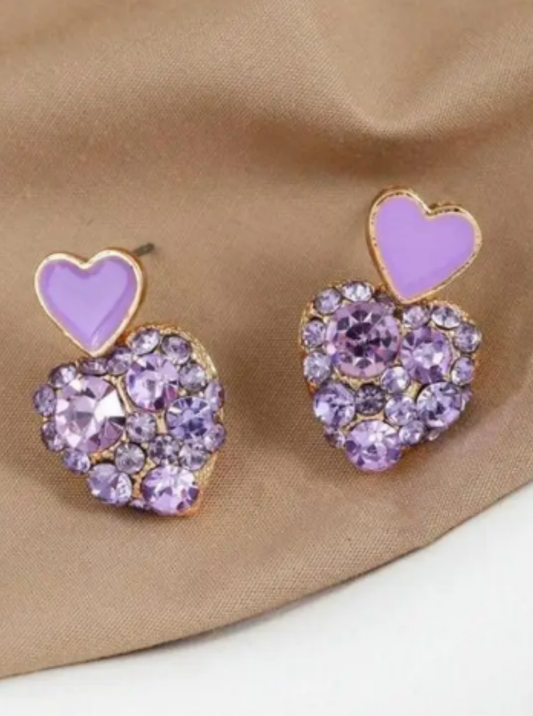 Lilac enamel heart stud earrings with violet crystal cluster – Ladybreeze