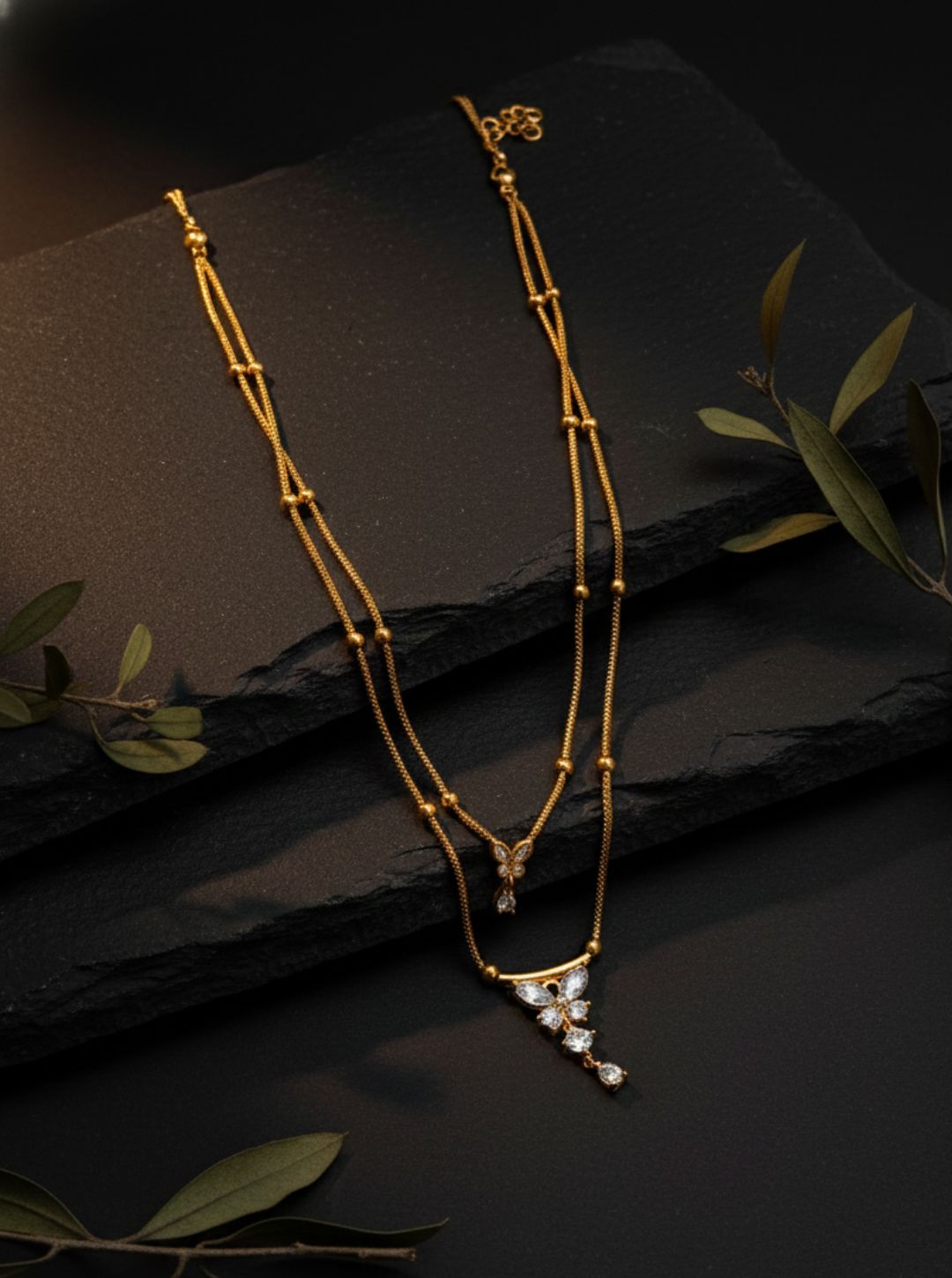 DUAL LAYER CZ FLORAL DROP NECKLACE