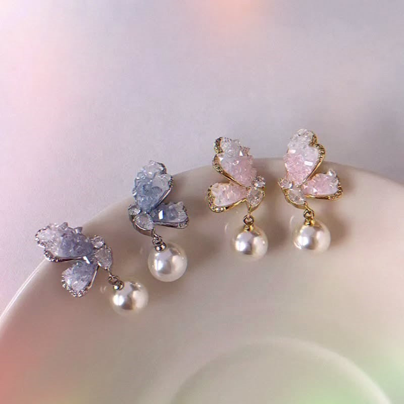 Butterfly pearl crystal earrings with gold outline and pearl drop – Ladybreeze