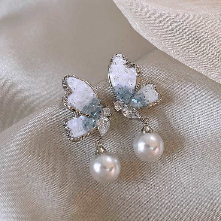 Sparkling butterfly design earrings with pearl drop for pierced ears – Ladybreeze