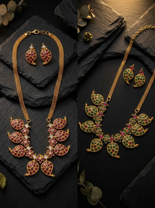 Ruby stone leaf design necklace set with matching earrings