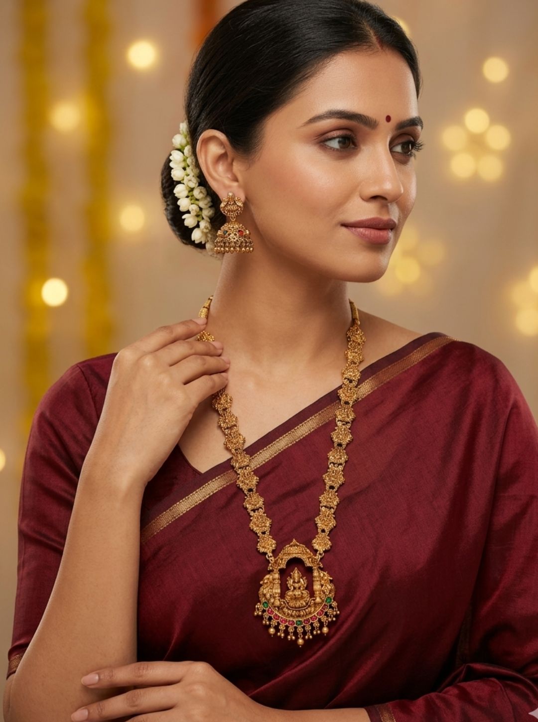 Bridal South Indian haram with jhumka earrings