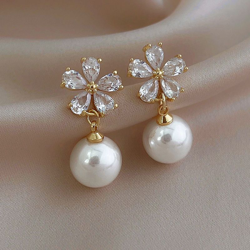 Gold-plated crystal blossom pearl drop earrings for weddings – Ladybreeze
